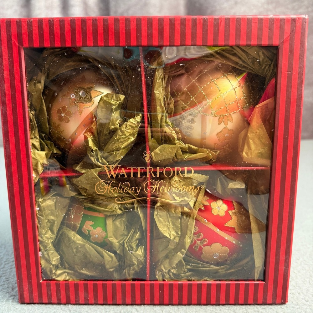 Waterford Holiday Heirlooms Floral Ball Ornament Set of 4 Glass Glitter 155150
